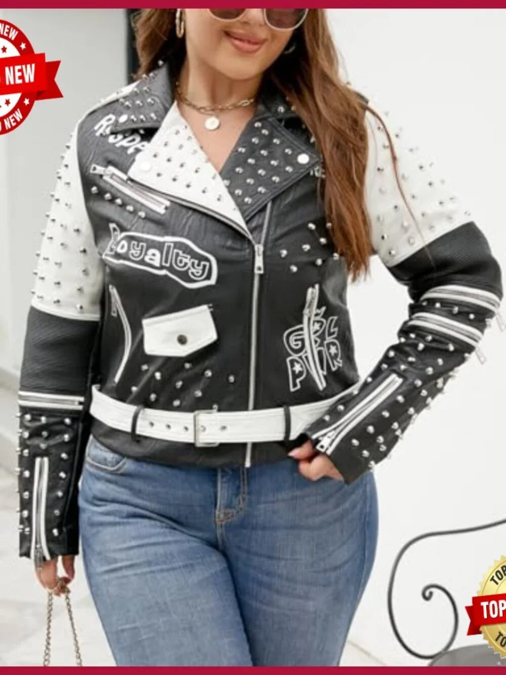 Plus Size Faux Leather Motorcycle Jacket Short PU Coat Long Sleeve